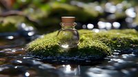 Small glass bottle with cork stopper sitting on moss-covered rock near flowing water stream in natural forest setting for aromatherapy and wellness.