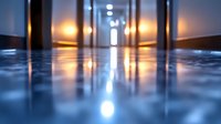 Modern office building lobby with polished marble floor reflecting warm ambient lighting from glass entrance doors during evening hours.