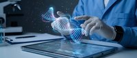 Scientist in blue lab coat analyzing holographic DNA double helix structure on digital tablet for genetic research and biotechnology applications.