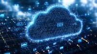 Digital cloud computing concept with glowing blue wireframe cloud shape on dark technology background with network connections and data flow.
