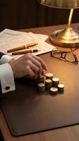 Businessman counting gold coins on desk with financial documents, pen and glasses under warm lamp light for wealth management and investment planning.