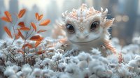 Whimsical close-up portrait of smiling axolotl salamander with fluffy external gills among white flowers and orange leaves in dreamy soft focus background.