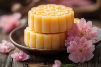 Traditional mooncakes stacked on ceramic plate with delicate pink cherry blossoms, dark wooden table background creates elegant Asian festive mood.