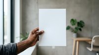 Man holding blank white poster on concrete wall with plant and natural light for mockup and branding.