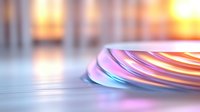 Glowing neon curved lines creating abstract wave pattern with pink and orange light reflections on blurred background, modern minimalist design element.