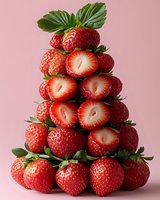 Fresh strawberries stacked in pyramid shape with cut halves showing juicy interior against pink background, creating elegant food composition.