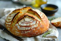 Freshly baked artisanal sourdough bread with crispy golden crust and distinctive scoring pattern on white cloth, served with olive oil and herbs for dining.