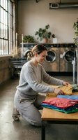 Young Caucasian woman folding clean laundry in modern laundromat with industrial washing machines and natural light from large windows.