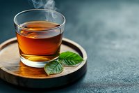 Hot aromatic tea in glass cup served on wooden plate with fresh mint leaves against dark background, steam rising above beverage.