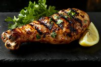 Grilled chicken leg with charred grill marks, fresh herbs and lemon wedge served on black stone plate. Juicy meat with golden-brown crispy skin and parsley garnish.