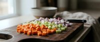 Fresh diced vegetables including orange carrots, green celery and purple onions arranged on wooden cutting board in bright modern kitchen for cooking.