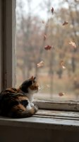 Calico cat sitting on windowsill watching autumn leaves fall outside through glass window creating peaceful indoor scene for seasonal home decor concepts.