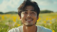 Young Asian man with bright smile in white t-shirt enjoying sunny day in blooming yellow wildflower meadow, natural lifestyle portrait capturing joy and wellness.