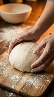 Hands kneading fresh bread dough on wooden cutting board with flour dust in warm kitchen setting for homemade baking and cooking preparation.