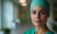 Young female medical professional in surgical scrubs and cap with confident expression in hospital setting, soft window lighting creates atmospheric healthcare environment.