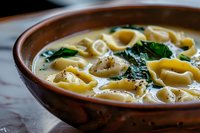 Homemade tortellini pasta in creamy broth with fresh spinach leaves and black pepper served in rustic ceramic bowl, close up view of Italian cuisine.