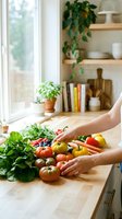 Woman arranging fresh organic vegetables and herbs on wooden kitchen counter near window with shelves, cookbooks, and potted plants for healthy meal preparation.