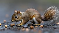 Gray squirrel gathering acorns on autumn ground with scattered nuts, wildlife foraging behavior in natural habitat for nature and animal content.