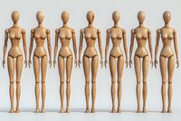 Wooden artist mannequins lined up in row showing female body proportions and anatomy reference for drawing, painting and sculpture studies on light background.