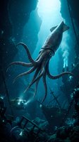 Giant octopus swimming through underwater cave with dramatic lighting and marine debris on ocean floor for fantasy and adventure concepts.