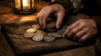 Senior man with weathered hands counting vintage coins on aged fabric under warm candlelight, depicting financial planning, savings, and wealth management for editorial and lifestyle use.