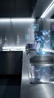 Modern laboratory with holographic molecular structures and chemical elements floating above equipment for scientific research and innovation.