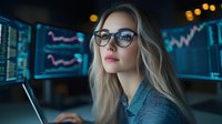 Young blonde woman with glasses working at computer with financial charts and data screens in dark office environment for business analytics.