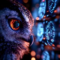 Owl eye macro with glowing orange reflection against futuristic blue digital interface background creating mystical cyberpunk atmosphere.