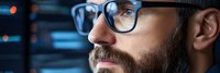 Professional bearded man with glasses looking at computer screen in modern office environment. Technology worker focused on digital tasks and data analysis.
