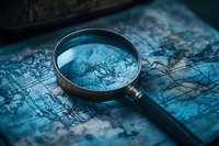 Magnifying glass on vintage world map with dramatic blue lighting creates mysterious exploration and discovery atmosphere for adventure concepts.