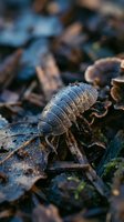 Pill bug woodlouse crawling through decomposing autumn leaves on forest floor. Macro photography showcasing terrestrial crustacean in natural habitat.