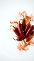 Red hot chili peppers with explosive paprika powder burst on white background. Spicy cooking ingredient with dynamic motion effect for culinary designs.