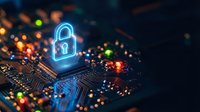 Cybersecurity concept with glowing blue padlock hologram on computer circuit board with colorful LED lights for data protection and network security.