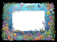 Underwater ocean frame with colorful coral, tropical fish, jellyfish, and sea creatures surrounding a blank center space. Isolated on transparent background, ready for clipart, print-on-demand, t-shirt designs, and sublimation projects.