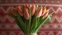 Fresh coral pink tulips in glass vase against blurred geometric pattern background, spring flowers bouquet with green stems and leaves for home decor or celebration.
