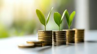 Growing green plants on stacked gold coins showing financial growth and sustainable investment concept against blurred background.
