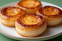 Portuguese custard tarts with crispy layered pastry and caramelized tops served on white plate against green background. Traditional pasteis de nata dessert.