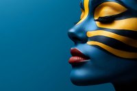 Female profile with creative blue and gold face paint, closed eyes, and red lips against dark background, showcasing artistic makeup and body art expression.