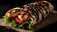 Grilled shrimp wrap with fresh lettuce and tomato drizzled with balsamic glaze on craft paper, perfect for menu photography.
