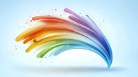 Vibrant rainbow-colored abstract swoosh with dynamic fluid motion effect and light sparkles on soft blue background, suitable for modern design projects.