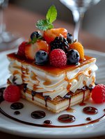 Layered dessert with fresh berries, cream, and caramel sauce garnished with mint leaf on white plate, elegant pastry presentation for restaurant menu.