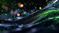 Abstract flowing waves of green and blue sparkles against dark background with glowing bokeh lights and magical particle effects create dreamy atmosphere.