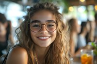 Young woman with wavy blonde hair and round glasses smiling brightly at cafe, natural lighting creates warm ambiance with blurred background and orange drink.
