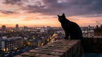 Black cat silhouette sitting on brick wall overlooking city skyline at sunset with dramatic purple and orange clouds illuminating urban landscape below.