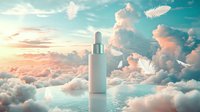 White cosmetic dropper bottle floating among dreamy pink clouds and white feathers against turquoise sky, reflecting on mirror surface for skincare advertising.