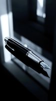 Elegant fountain pen with black barrel and chrome accents resting on reflective surface, suitable for business, writing, and luxury lifestyle designs.