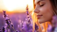 Young woman with closed eyes enjoying sunset in blooming lavender field, peaceful expression amid purple flowers and golden sunlight creates serene atmosphere.