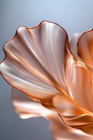 Metallic copper leaf with delicate ribbed texture and wavy edges creates elegant abstract composition against soft gray background, highlighting luxurious shine and curves.