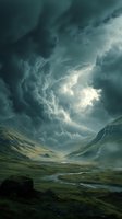 Dramatic storm clouds gather over a remote mountain valley with rolling green hills, winding stream, and moody atmospheric lighting breaking through dark skies.
