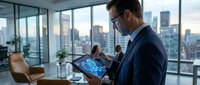 Professional man in business attire examining digital tablet with glowing data visualization in modern high-rise office with city skyline view for corporate technology concepts.